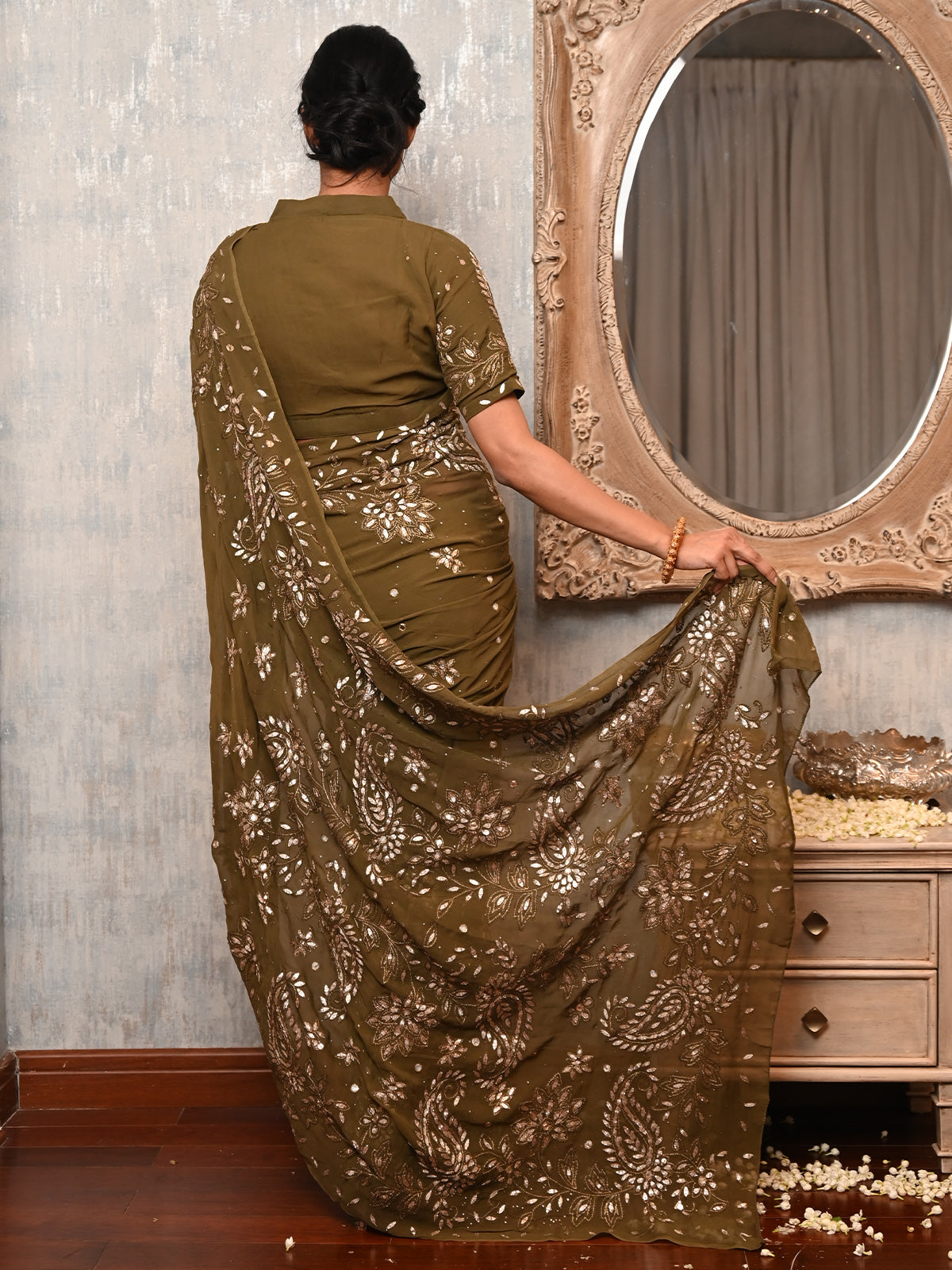 Odette Women Olive Green Georgette Gotapatti And Mukaish Work Chikankari Embroidered Saree With Unstitched Blouse