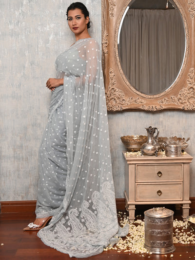 Odette Women Grey Georgette Chikankari Embroidered Saree With Unstitched Blouse