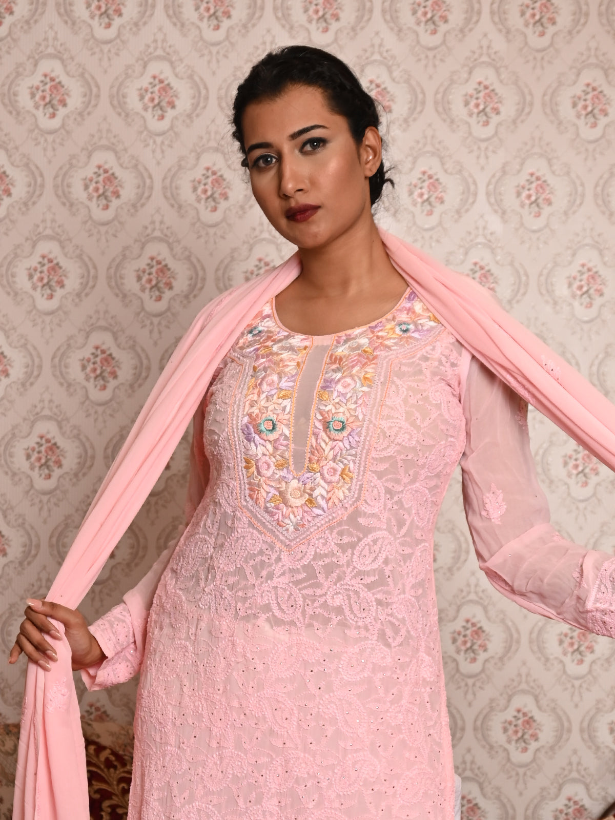 Odette Women Pink Georgette Chikankari Mukaish Work Embroidered Stitched Kurta With Dupatta