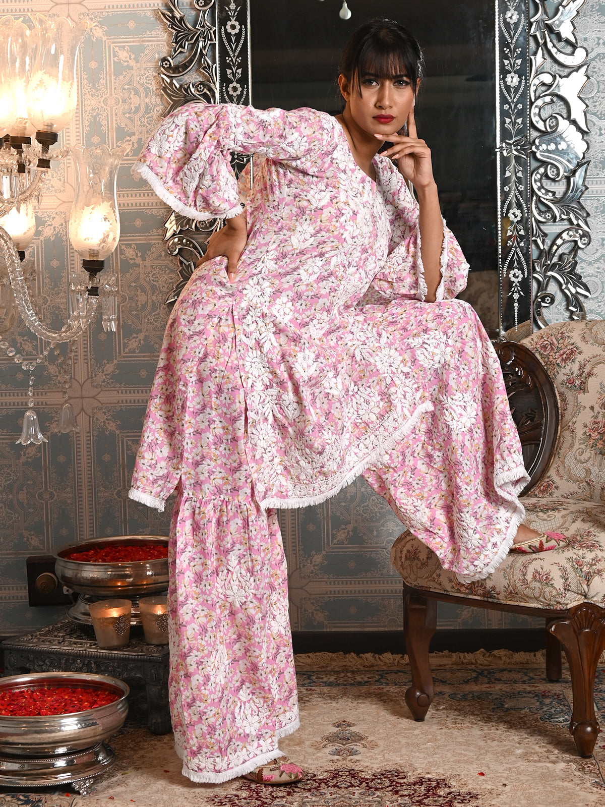 Odette Women Pink Cotton Printed Chikankari Embroidered Stitched Kurta With Sharara Pant