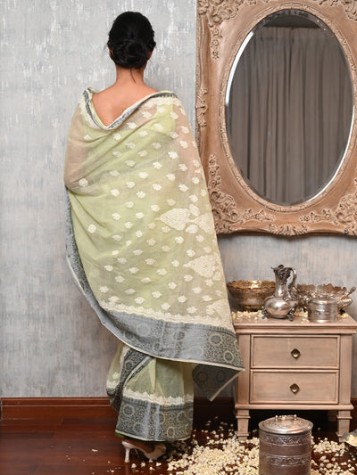 Odette Women Green Chequered Voile Chikankari Embroidered Saree With Unstitched Blouse