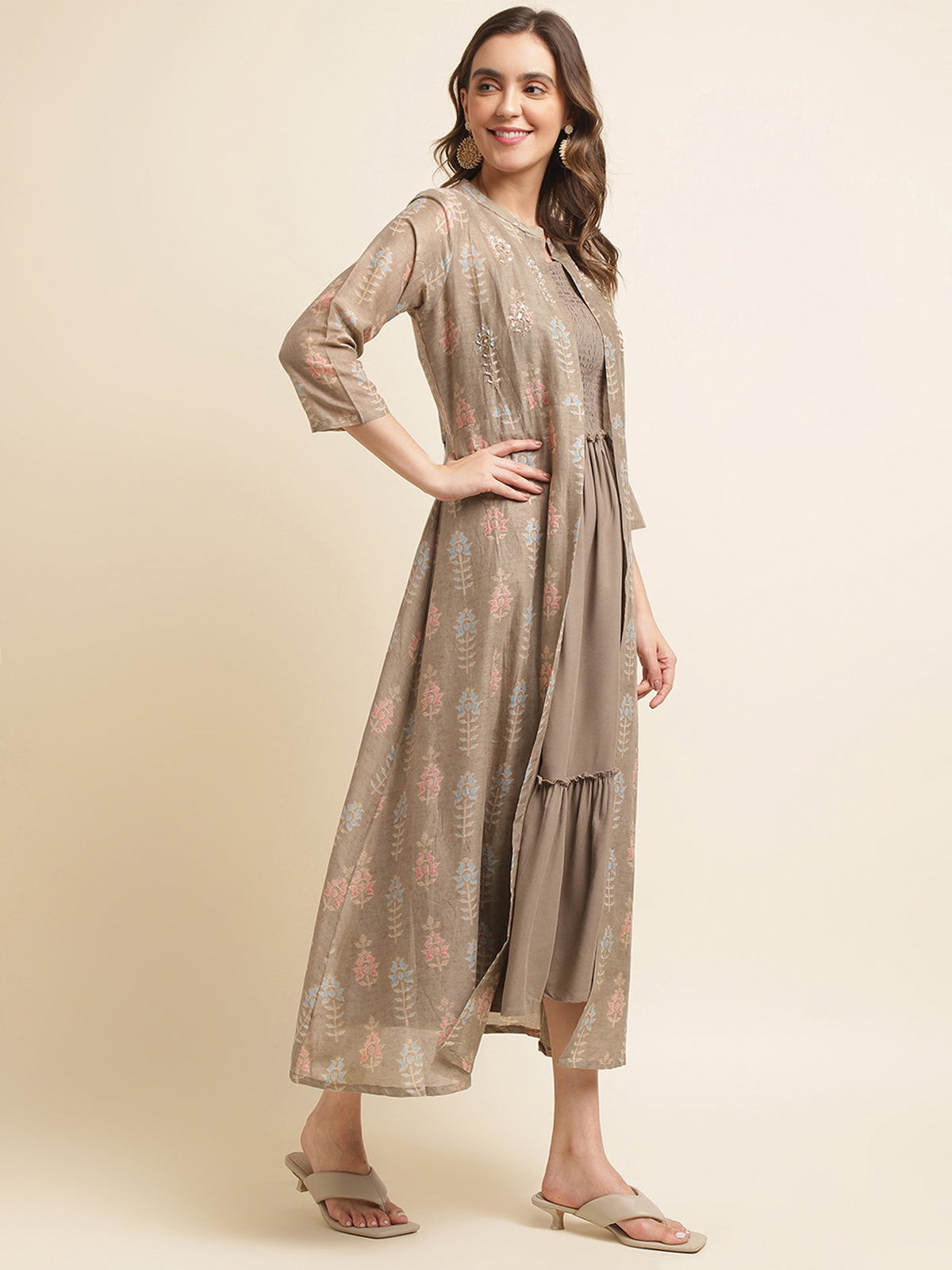 Brown Cotton Solid Flared Dress with Printed Shrug