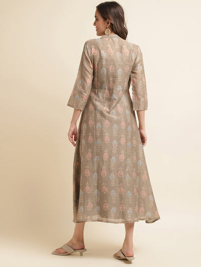 Brown Cotton Solid Flared Dress with Printed Shrug