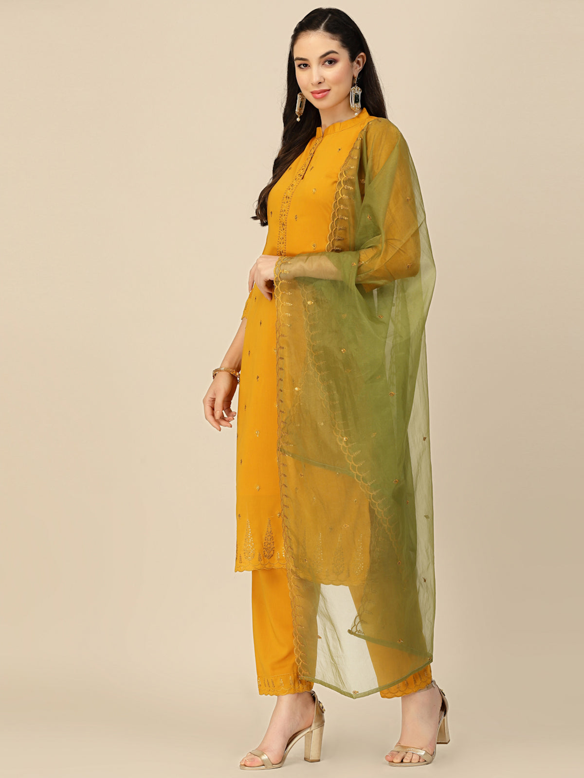 Mustard Embroidered Poly Chinon Straight Kurta with Trouser & Dupatta