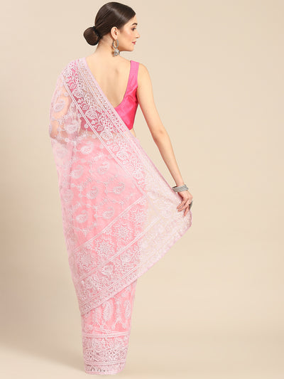 Odette Women Light Pink Net Embroidered Saree With Unstitched Blouse