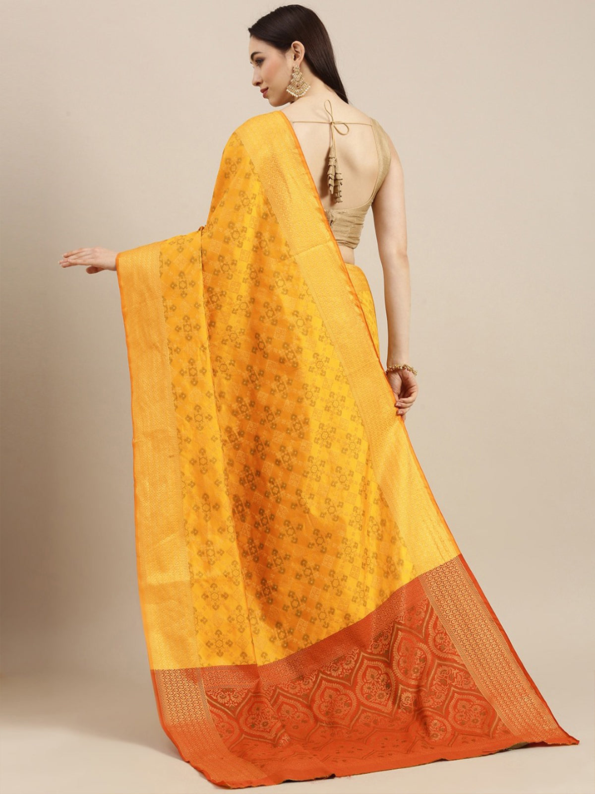 Odette Women Yellow Silk Blend Woven Saree With Unstitched Blouse