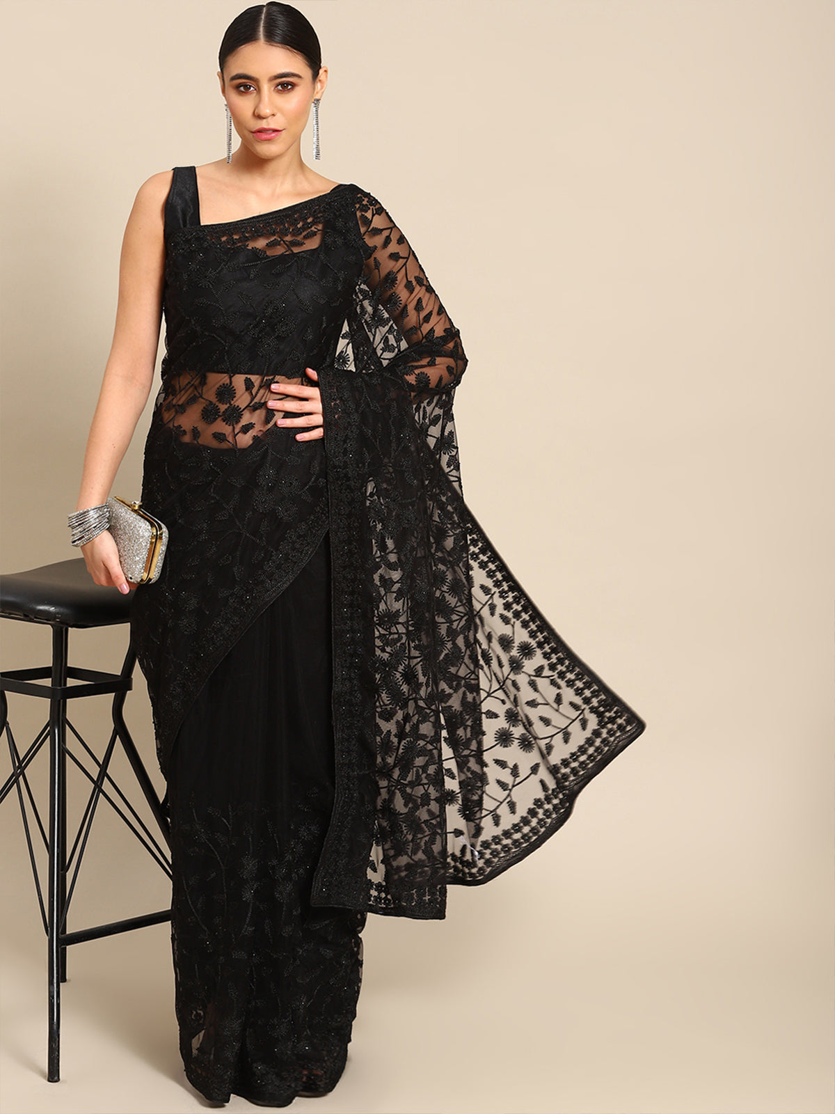 Black French Chantilly Lace Saree With Hand Embroidered Blouse – Talking  Threads