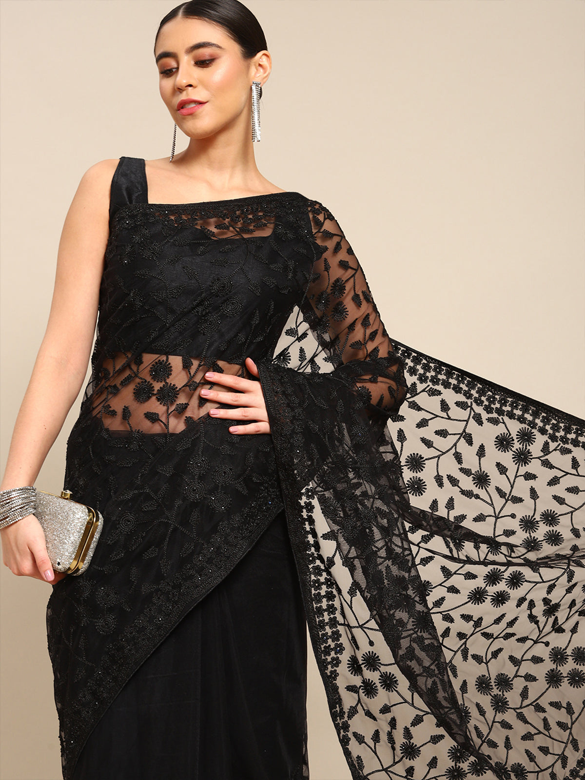 KF - Black and pink georgette border lace saree - OFFER