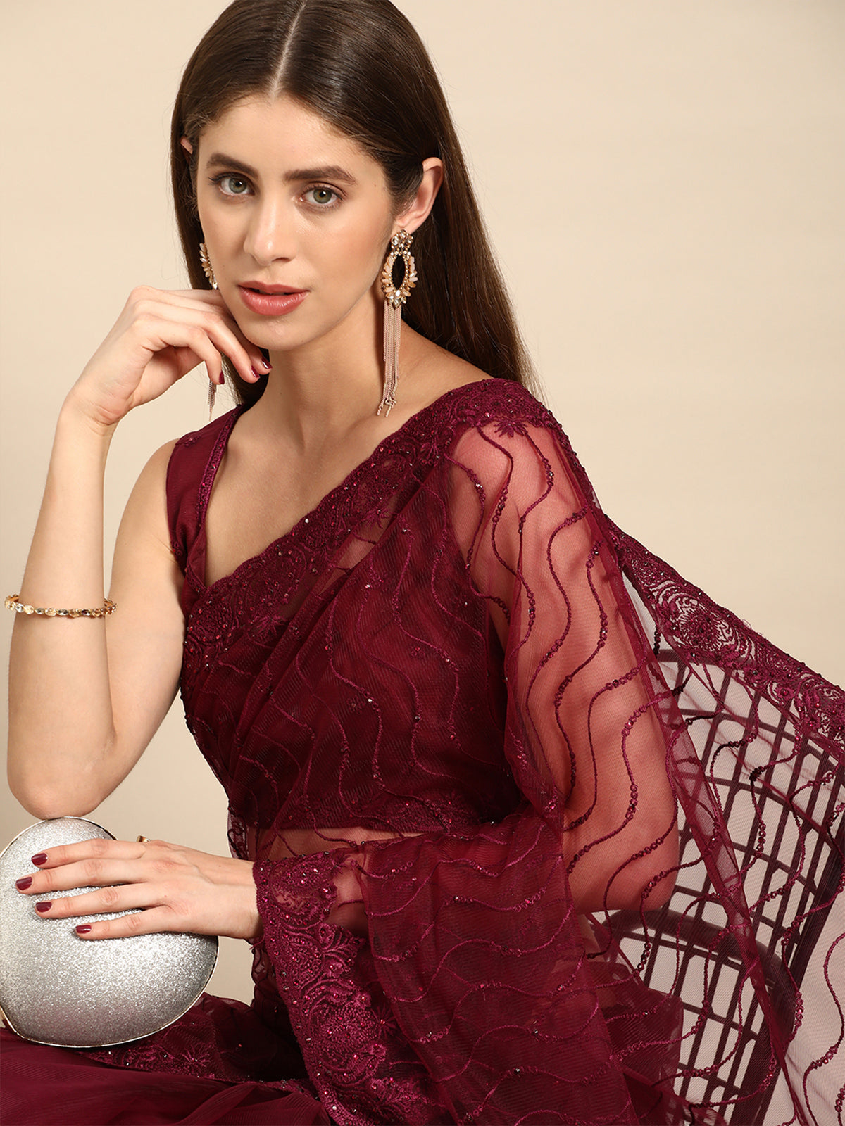 Odette Women Maroon Net Embroidered Saree With Unstitched Blouse
