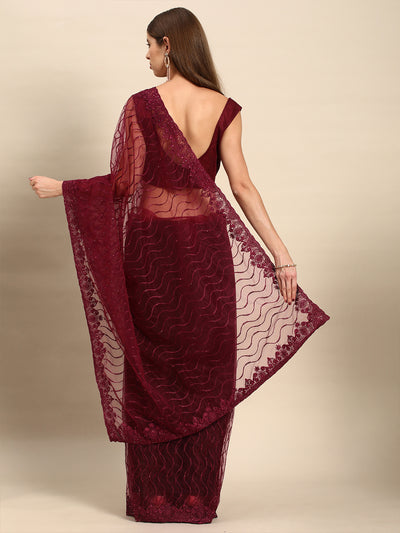 Odette Women Maroon Net Embroidered Saree With Unstitched Blouse