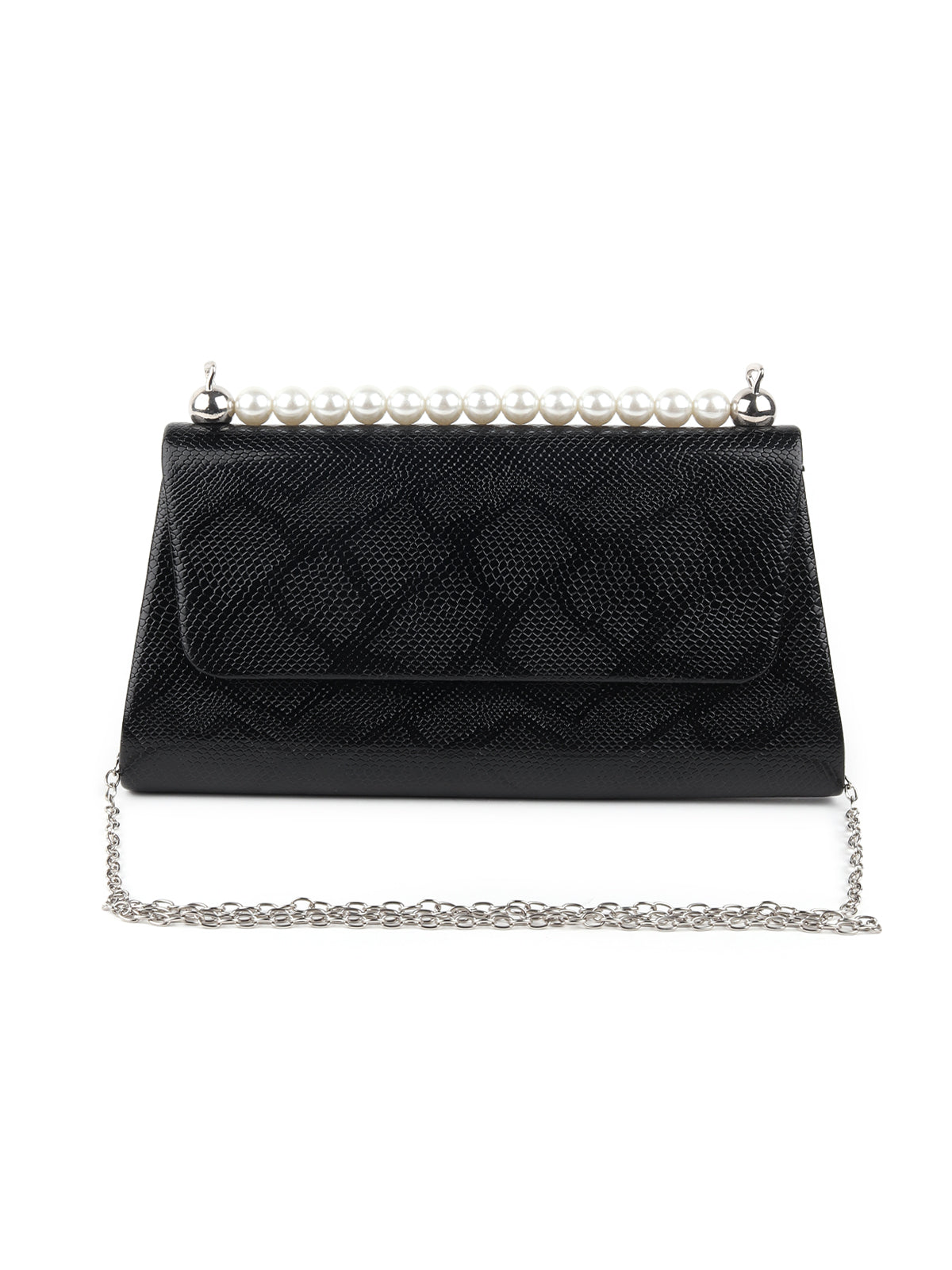 Odette Black Textured And Beads Embellished Clutch For Women