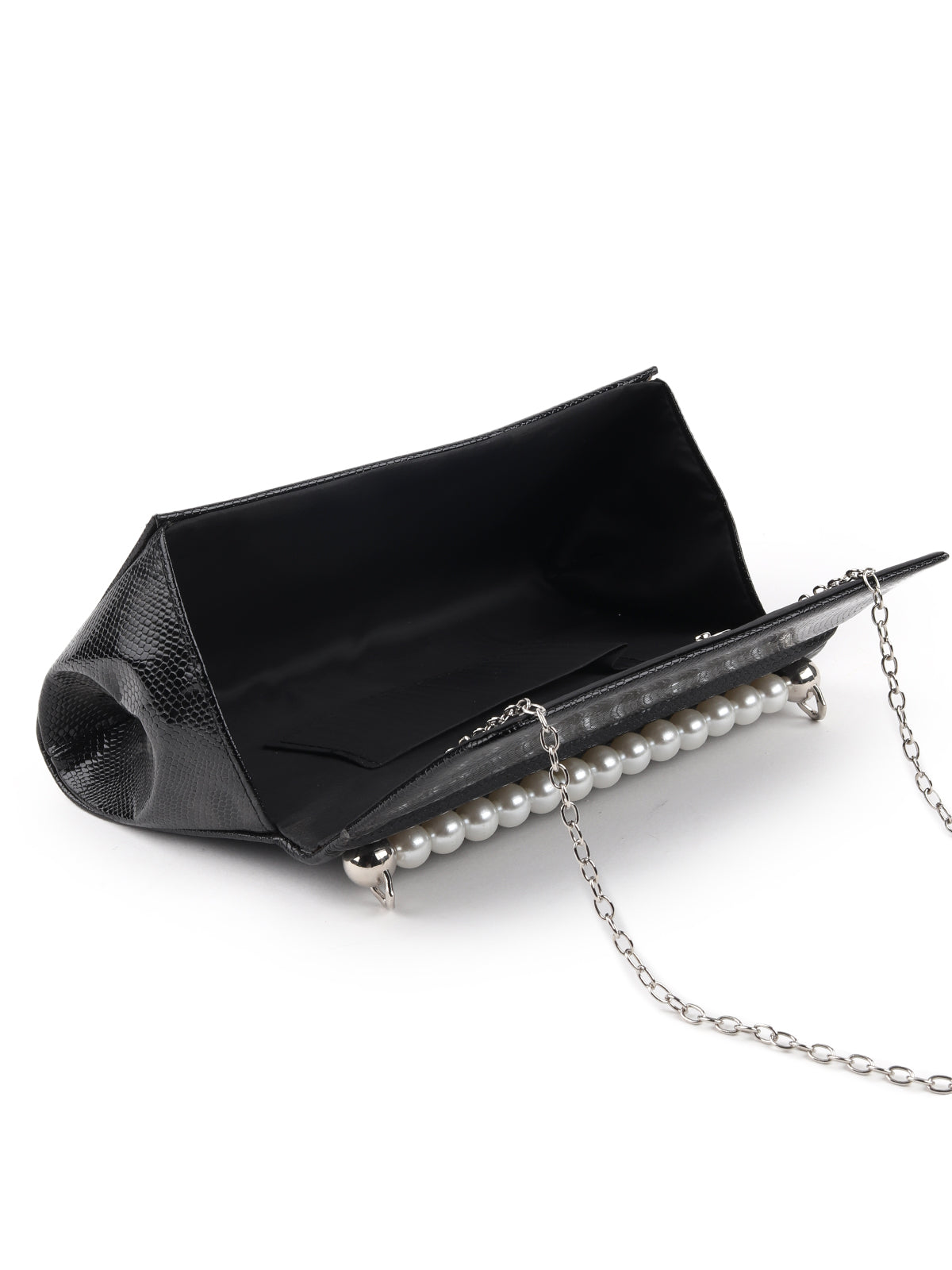 Odette Black Textured And Beads Embellished Clutch For Women