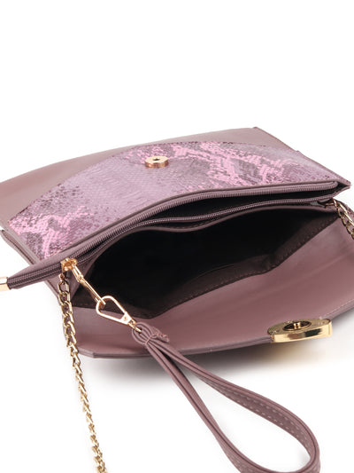 Odette Mauve Snake Textured Solid Sling Bag/Clutch For Women