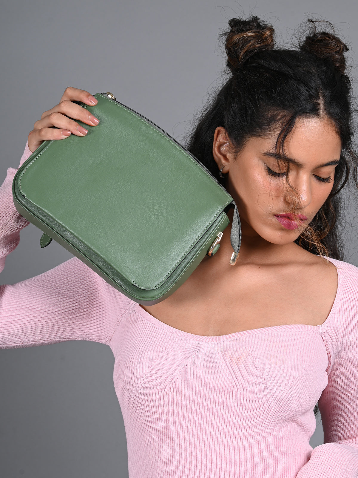 Odette Green Solid Sling Bag For Women