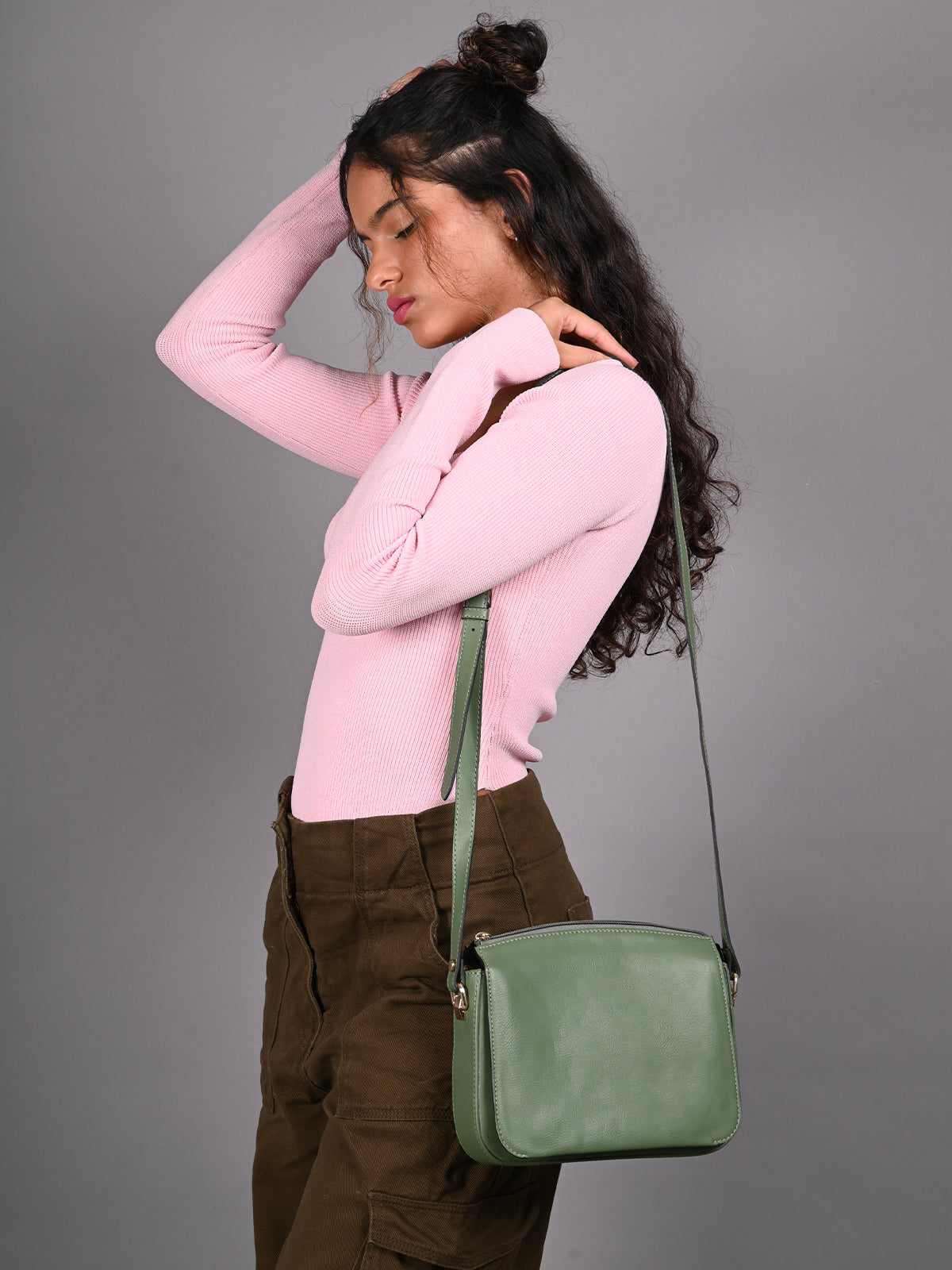 Odette Green Solid Sling Bag For Women