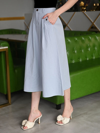 Odette Blue Cotton Twill Solid A-line Skirt For Women