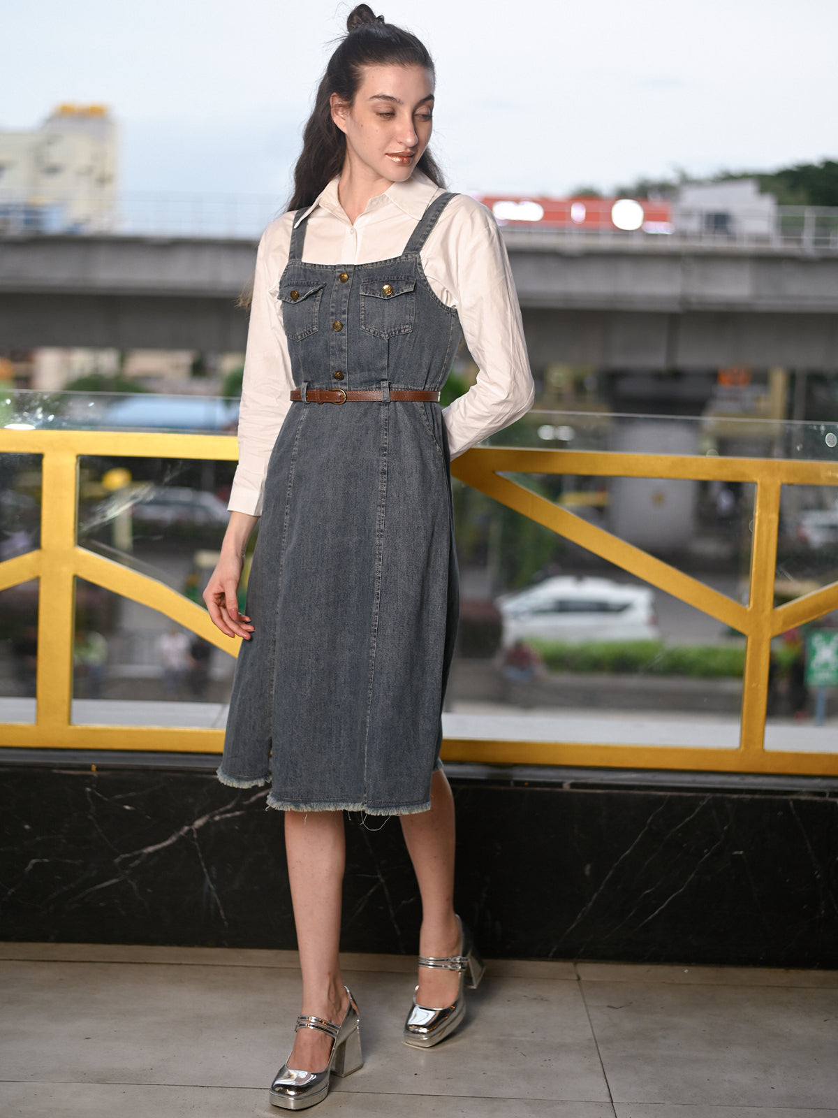 Odette Blue & White Denim and Poplin Pinafore Dress Women Odette Blue & White Denim and Poplin Pinafore Dress Women
