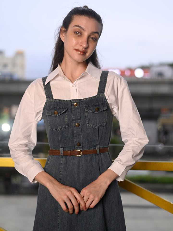 Odette Blue and White Denim and Cotton Poplin Pinafore And Shirt Dress