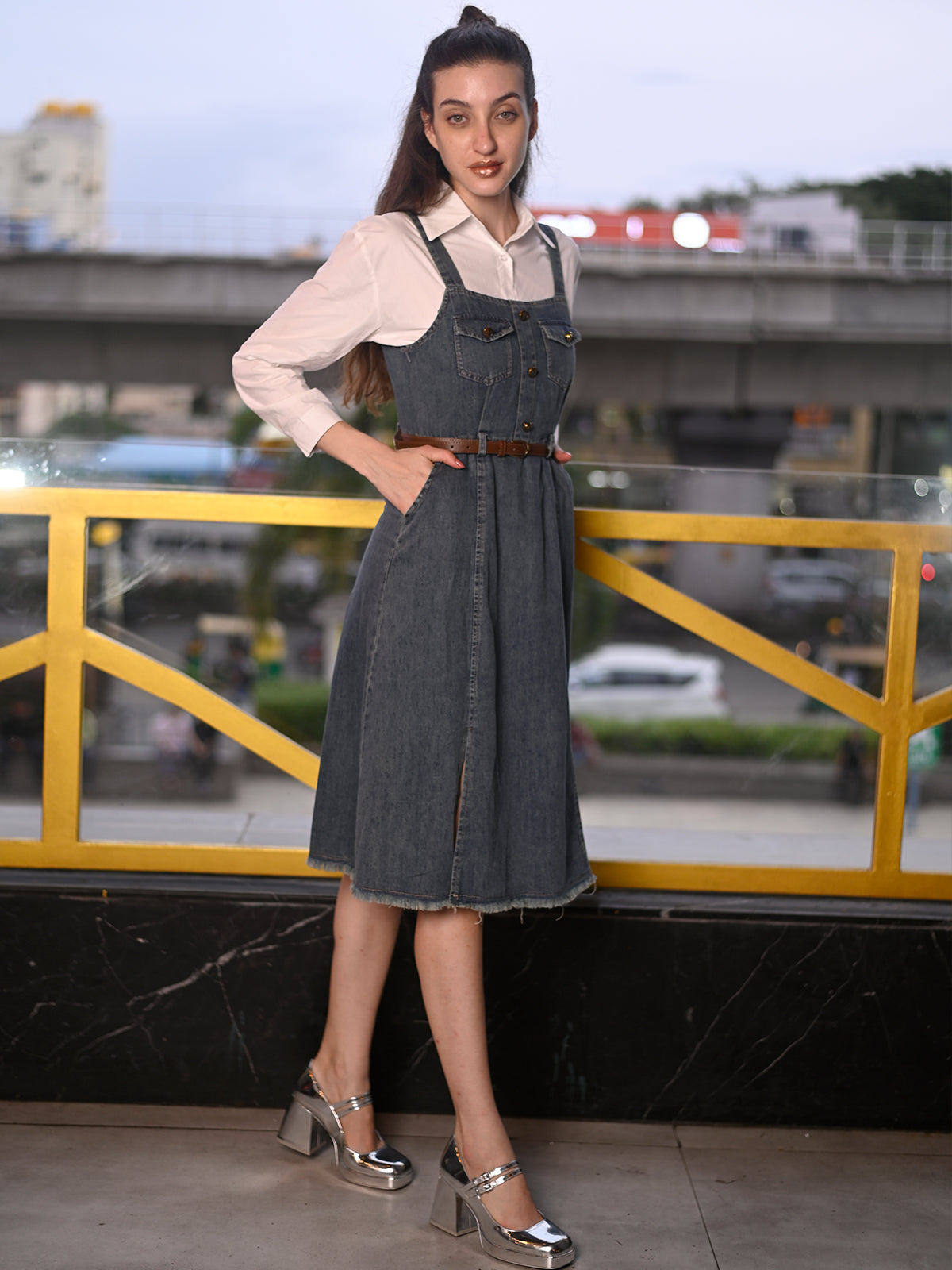 odette denim midi dress RANNA GILL Blue Denim Square Neck Odette Panel Midi Dress| Aza Fashions