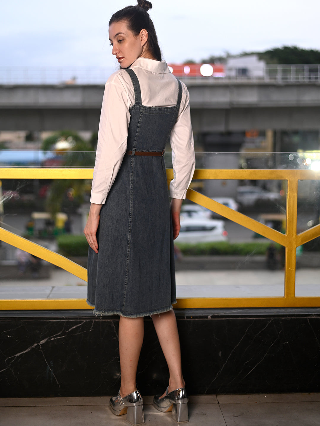 Odette Blue & White Denim and Poplin Pinafore Dress Women