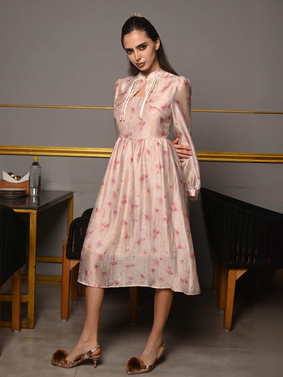 Odette Light Pink Polyester Printed Western Dress For Women