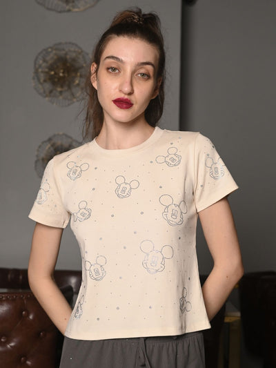 Odette Cream Cotton Jersey Embellished T-Shirt For Women