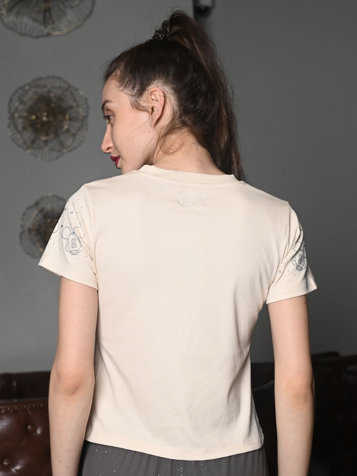 Odette Cream Cotton Jersey Embellished T-Shirt For Women