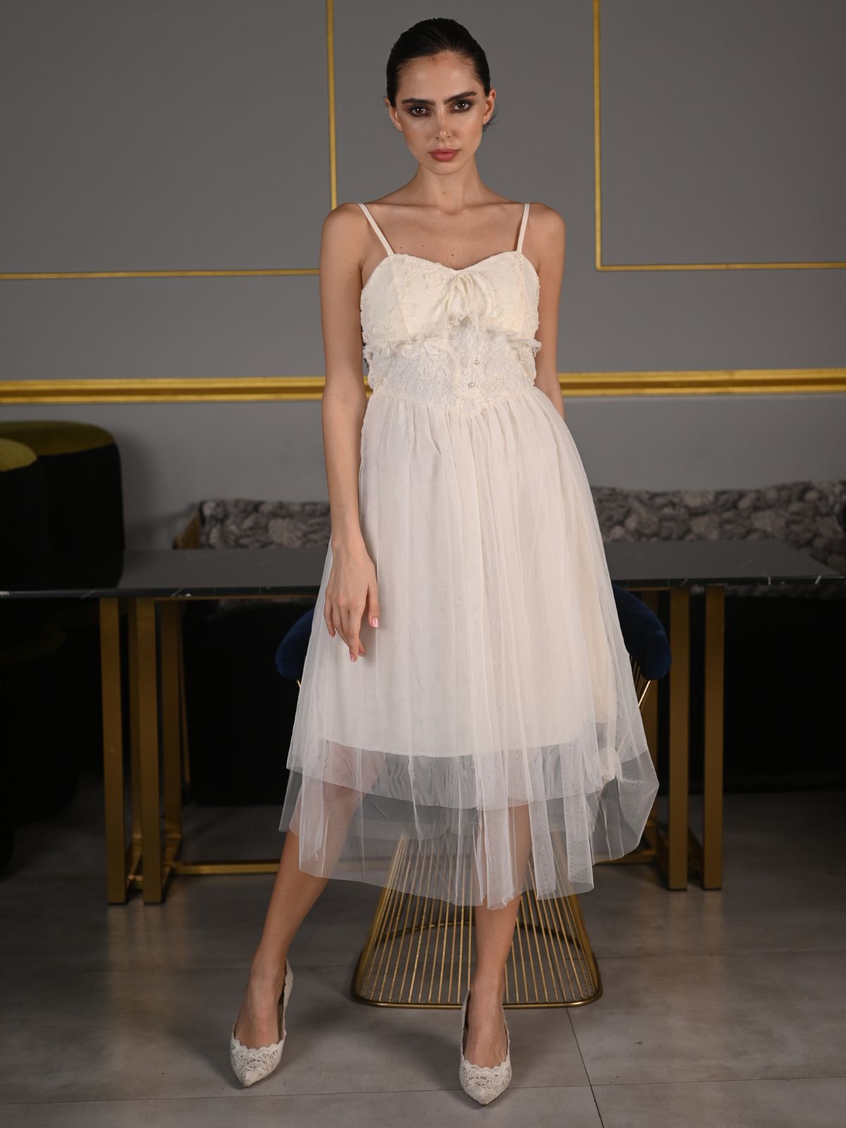 Odette Cream Lace Work Net Stitched Western Dress for Women
