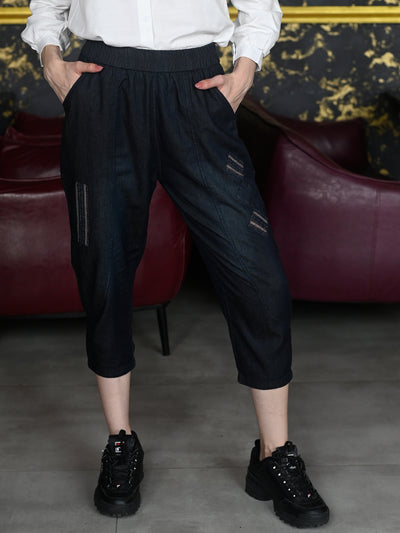 Odette Black Light Weight Washed Denim Solid Pant for Women