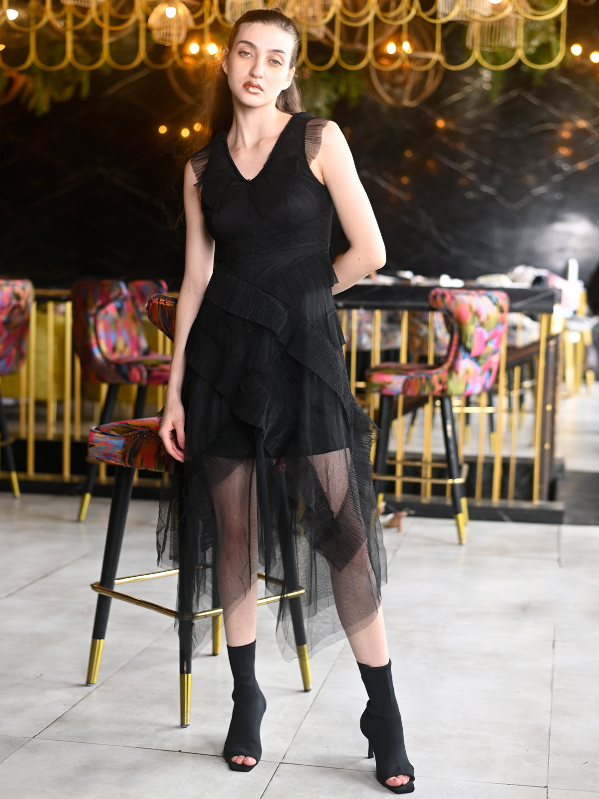 Odette Black Ruffled Net Western Dress For Women