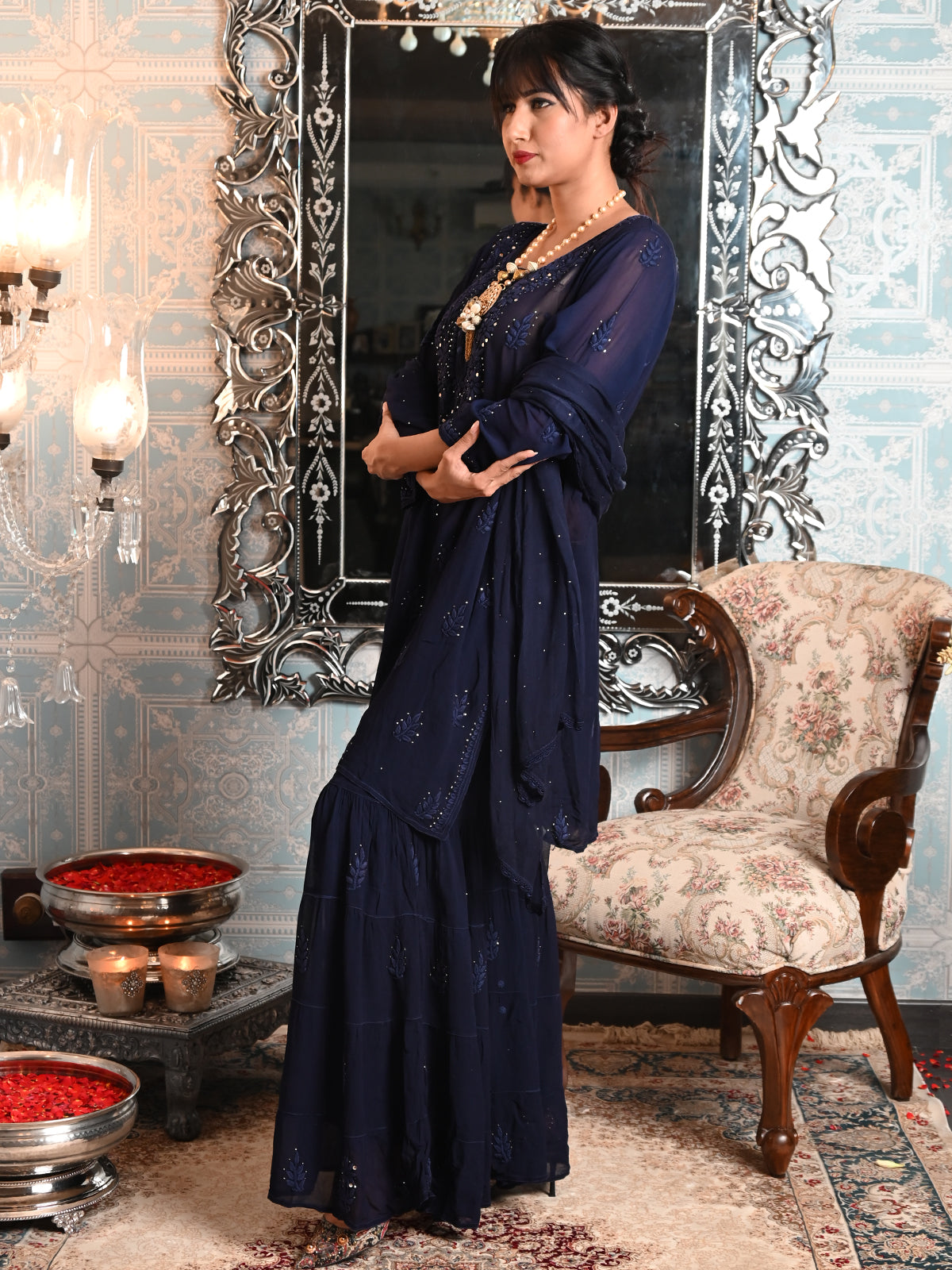 Odette Women Navy Blue Georgette Chikankari Embroidered Stitched Shara Odette Women Navy Blue Georgette Chikankari Embroidered Stitched Shara