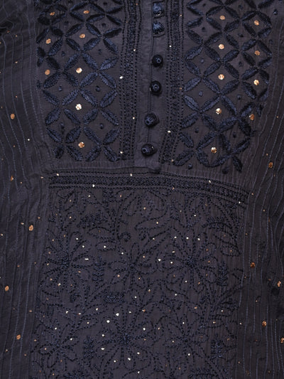 Odette Women Dark Grey Poly Silk Chikankari Mukaish Work Embroidered Stitched Kurta Set