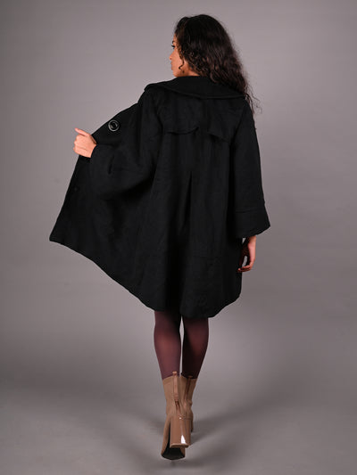 Odette Black Big Button Fur Textured Woollen Overcoat for Women
