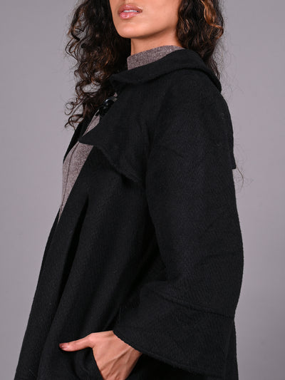 Odette Black Big Button Fur Textured Woollen Overcoat for Women