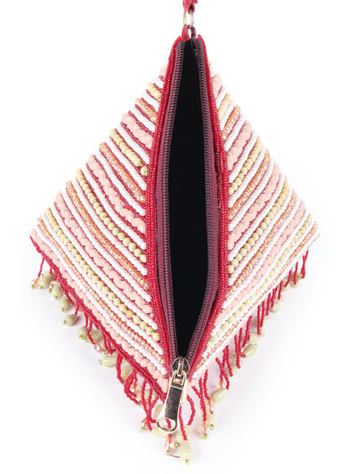 Odette Maroon Beads Embroidered Triangle Tassel Batua For Women