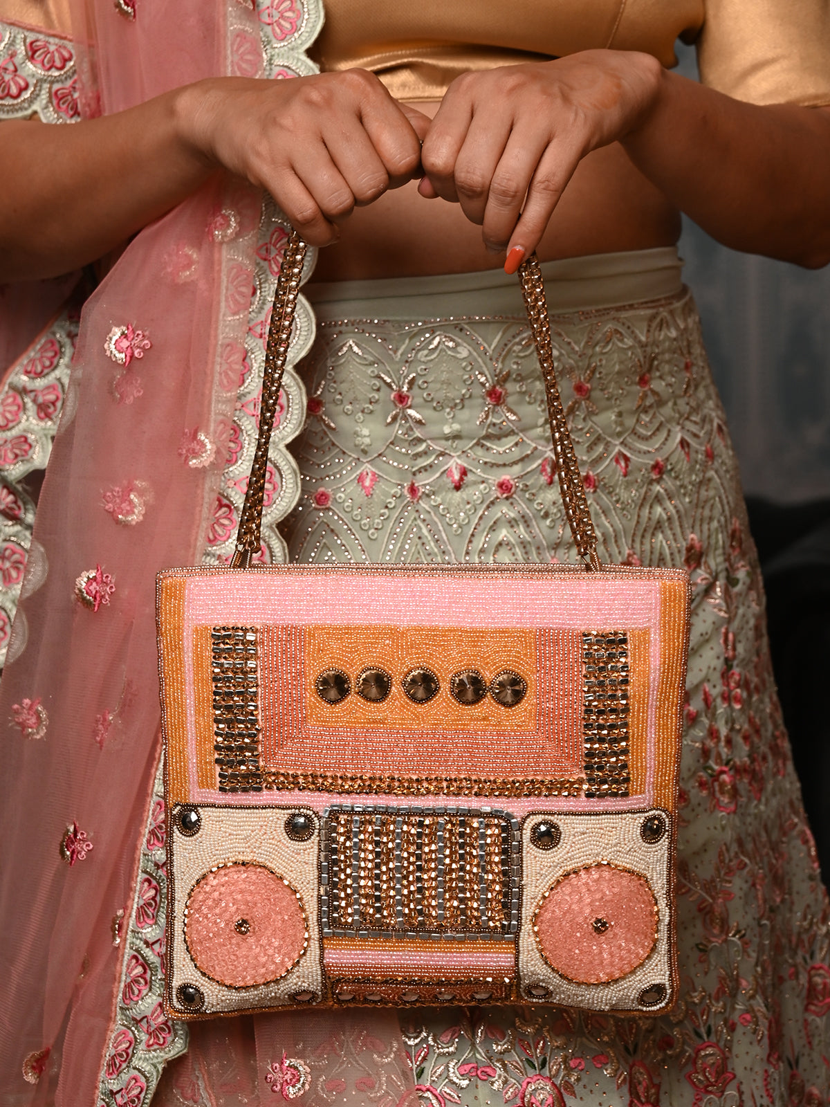 Odette Peach Pink Beads Embroidered Hand Bag for Women