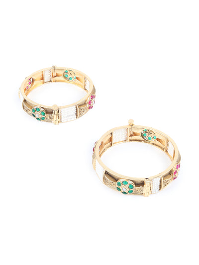 Odette Gold Beads and Faux Stone Embellished Bangles for Women - Set of 2