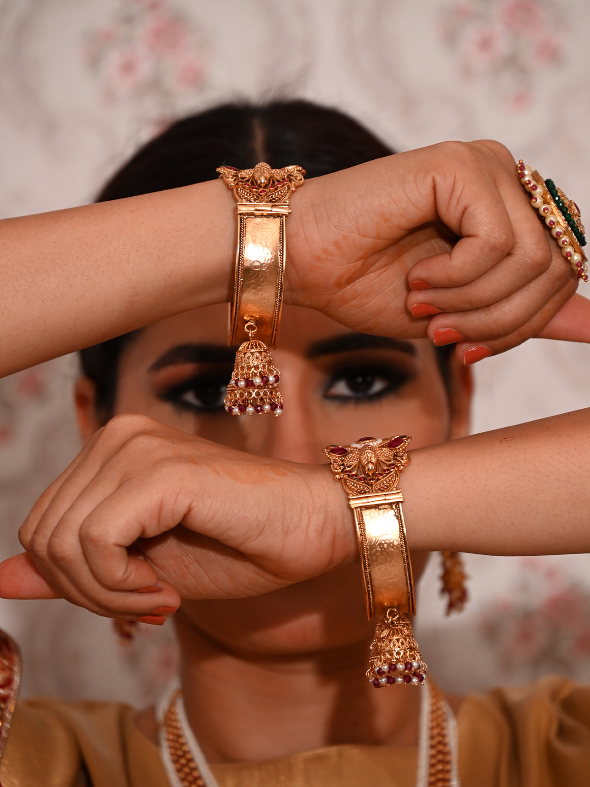 Odette Gold Faux Stone Embellished Peacock Designed Bangles for Women - Set of 2