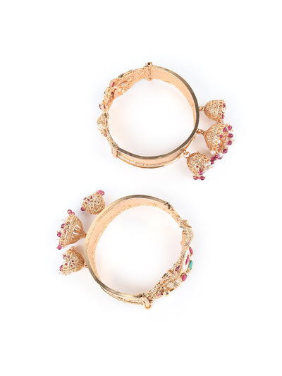 Odette Gold Faux Stone Embellished Peacock Designed Bangles for Women - Set of 2