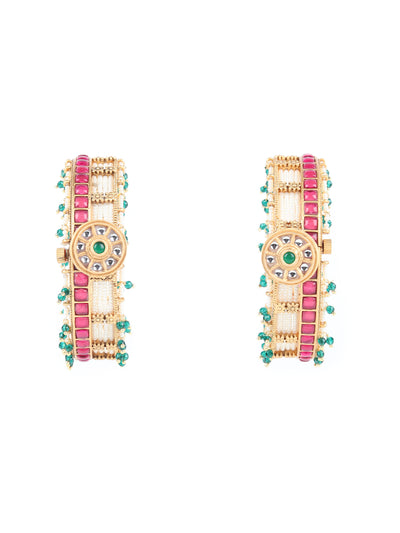 Odette Gold Beads and Stone Studded Kundan Bangles for Women - Set of 2