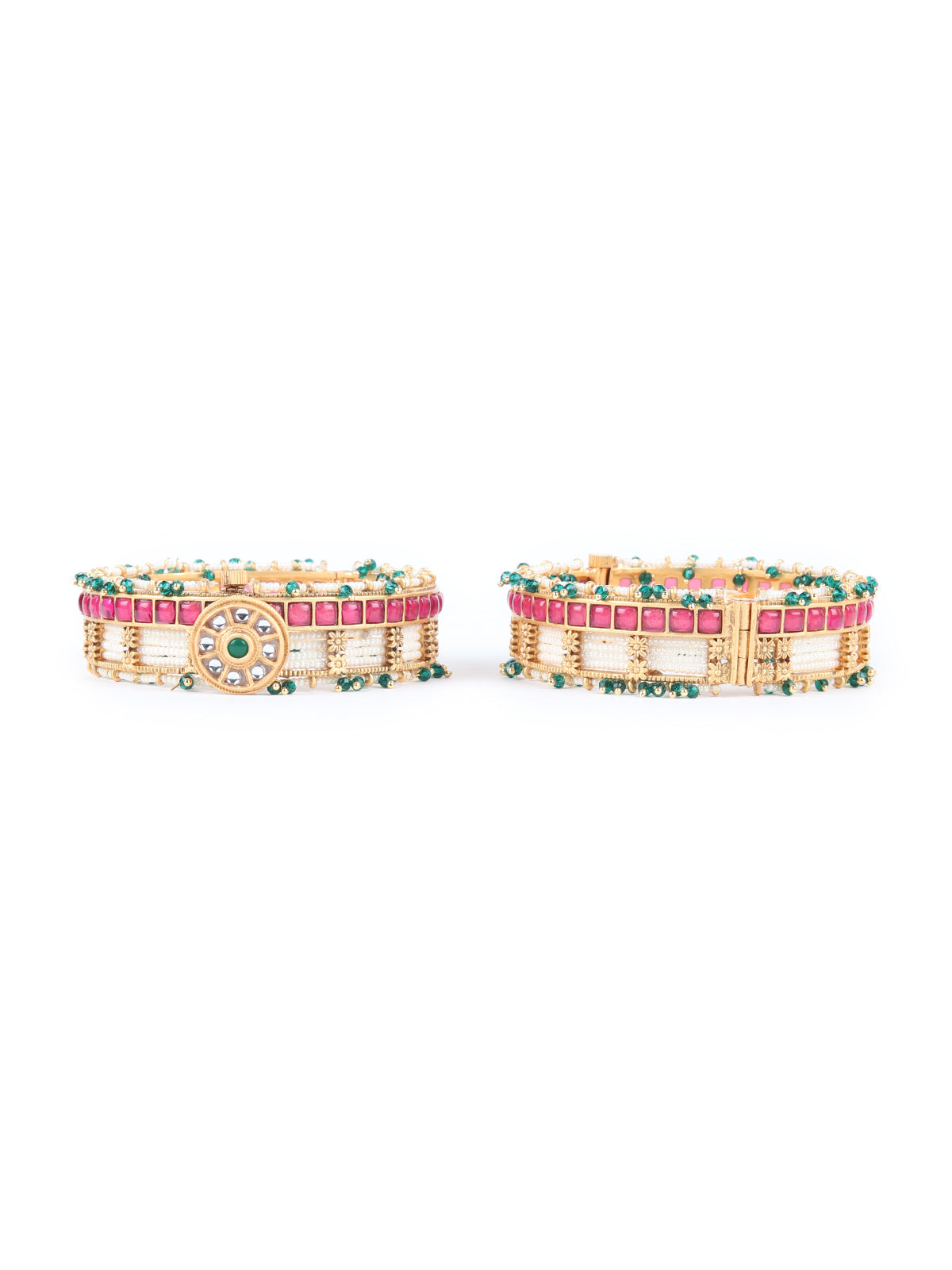 Odette Gold Beads and Stone Studded Kundan Bangles for Women - Set of 2