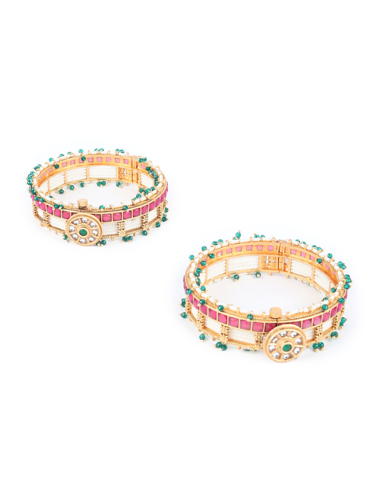 Odette Gold Beads and Stone Studded Kundan Bangles for Women - Set of 2