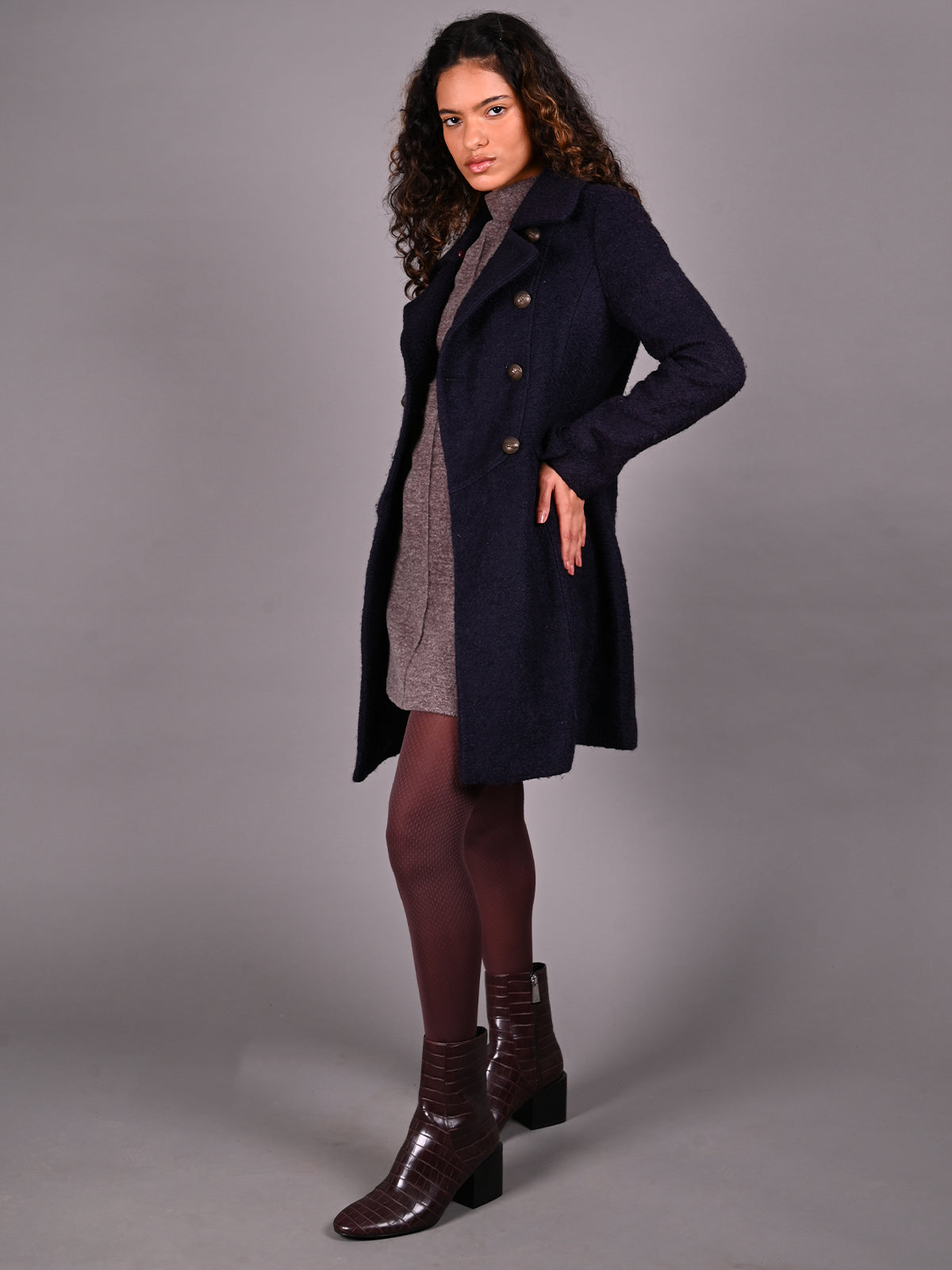 Odette Black Textured Woollen Overcoat for Women