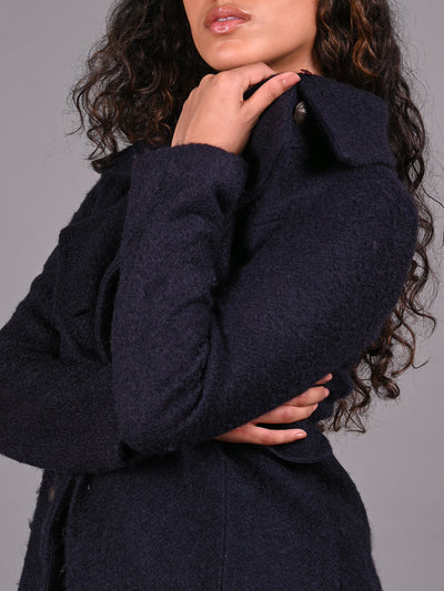 Odette Navy Blue Textured Woollen Overcoat for Women