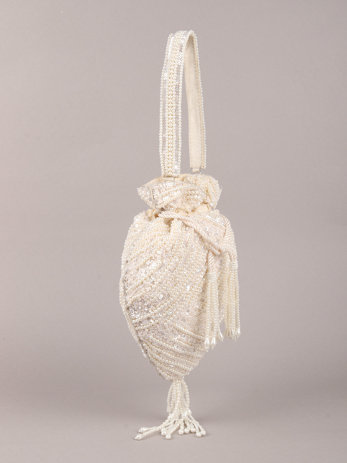 Odette Off White Pearl and Sequins Embroidered Tassel Potli Bag for Women