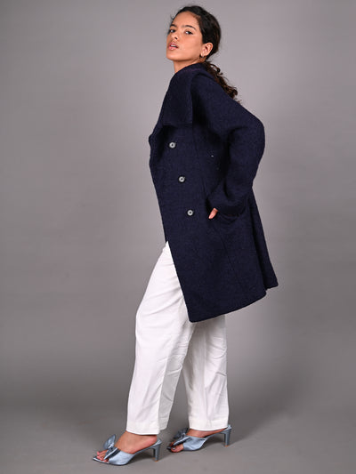 Odette Navy Blue Textured Woollen Overcoat for Women