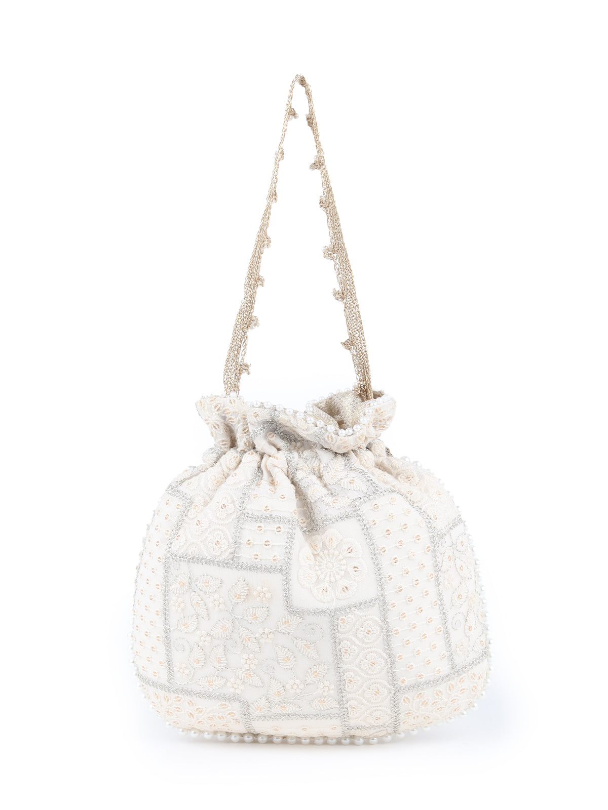 Odette Off White Embroidered Potli Bag for Women