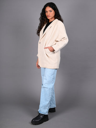 Odette Off White Fur Textured Woollen Overcoat for Women