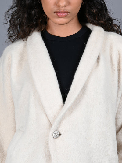 Odette Off White Fur Textured Woollen Overcoat for Women