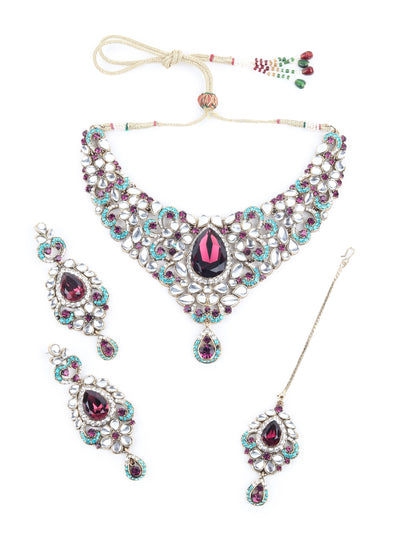 Odette Purple and Blue Stone Studded Necklace Set with Maangtika for Women